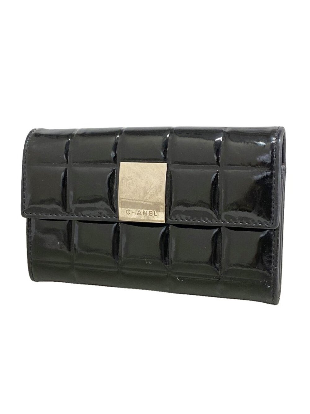 Chanel Coin Purse Choco Bar Patent Leather Black Silver